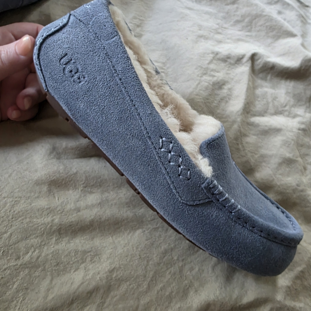 UGG Blue Suede Slippers with Cream Lining - Picture 5 of 6